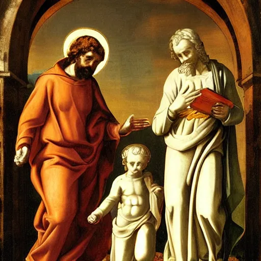 Image similar to mary, saint joseph and jesus by michaelangelo