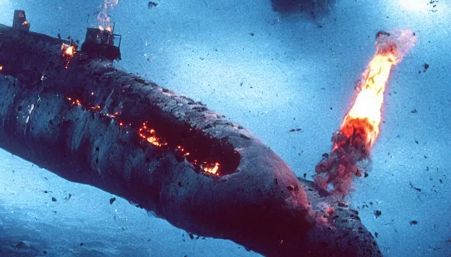 Image similar to Big budget horror movie, at the bottom of the ocean, a submarine explodes