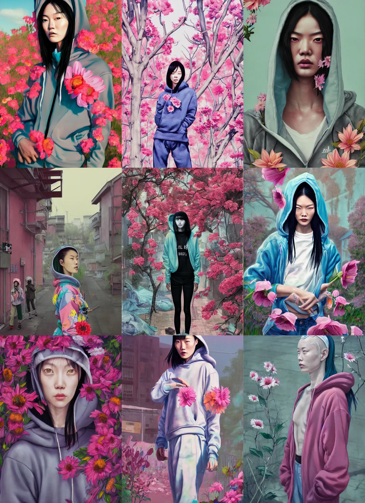 Prompt: still from music video of liu wen from die antwoord standing in a township street, wearing a hoodie and flowers, street clothes, full figure portrait painting by martine johanna, ilya kuvshinov, rossdraws, pastel color palette, 2 4 mm lens