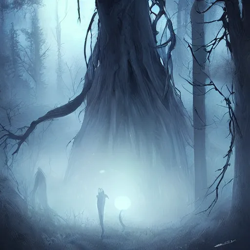 Prompt: a dark ominous forest, dead trees, moonlit, a ethereal ghost emerging from a tree, spooky digital artwork by Artgerm, trending on artstation