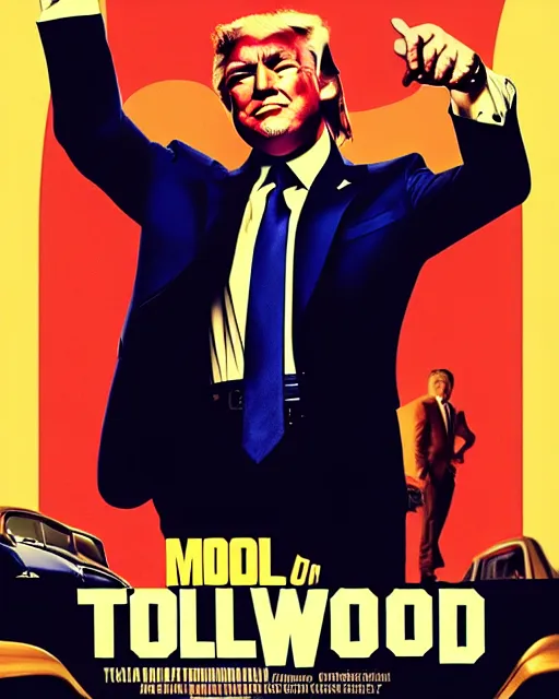 Prompt: mogul, brad pitt portrays donald trump, vibrant movie poster, style of once upon a time in hollywood, directed by quentin tarantino, minimalist, silhouettes, trending on artstation