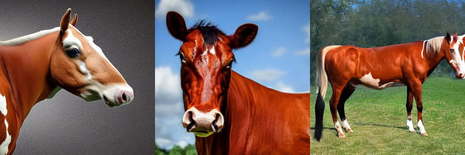 Prompt: picture of a half horse half cow hybrid, extremely detailed, 8k, 4k, full hd