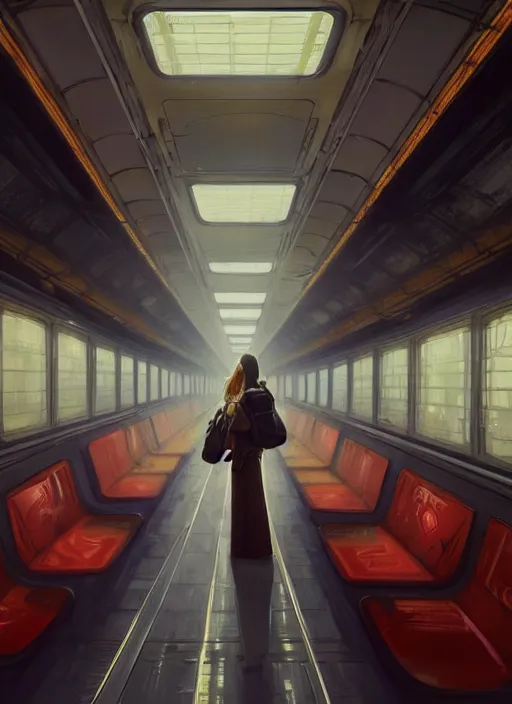 Image similar to perfectly - empty subway train interior, intricate, highly detailed, digital painting, artstation, concept art, smooth, sharp focus, illustration, unreal engine 5, 8 k, art by artgerm and greg rutkowski and alphonse mucha