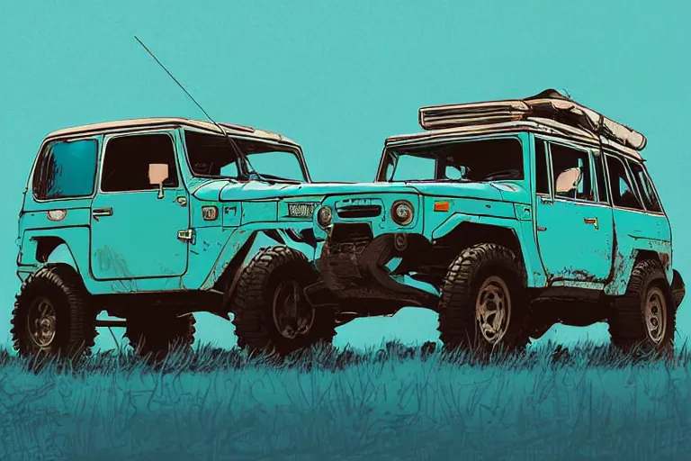 Image similar to digital illustration of a faded cyan mad max's fj 4 0 decrepit!!!! pursuit special, rusty!!! nissan fj cruiser heavily modded 1 9 9 0 s, the last v 8 interceptor by makoto shinkai, ilya kuvshinov, lois van baarle, rossdraws, basquiat