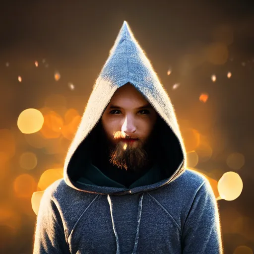 Image similar to portrait of a mysterious wizard with a Hood, bright eyes, fantasy, photorealistic, bokeh, magic lights, cinematic