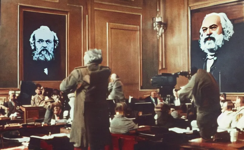 Image similar to 60s movie still of a stalinist style parlement with a giant painting of Karl Marx, by Irving Penn , cinestill 800t 35mm eastmancolor, heavy grainy picture, very detailed, high quality, 4k, HD criterion, precise texture