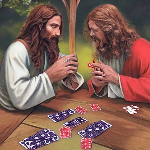 Prompt: Jesus and the Devil playing cards in a garden, photorealistic, award winning, 8k, trending on major art outlets,