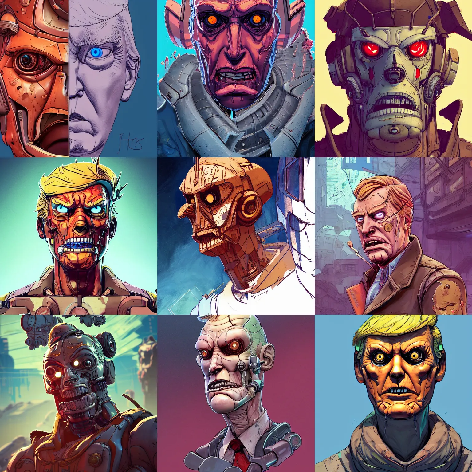 Prompt: a study of cell shaded portrait of donald trump cyborg as Borderlands 3 concept art, llustration, post grunge, concept art by josan gonzales and wlop, by james jean, Victo ngai, David Rubín, Mike Mignola, Laurie Greasley, highly detailed, sharp focus, alien, Trending on Artstation, HQ, deviantart, art by artgem