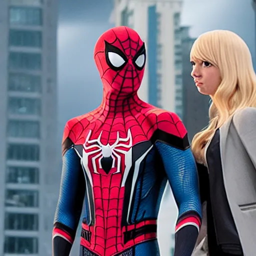 Image similar to Spider-Man stands next to Spider-Gwen, Marvel Cinematic Universe