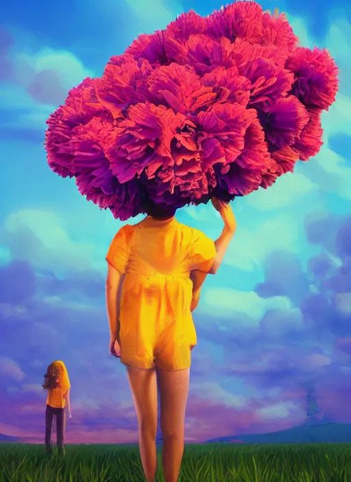 Image similar to woman with a giant carnation head, flower field, surreal photography, sunset dramatic light, impressionist painting, colorful clouds, blue sky, digital painting, artstation, simon stalenhag