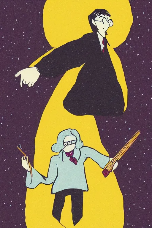 Prompt: an illustration of harry potter holding a pistol in the style of goodnight moon by margaret wise brown