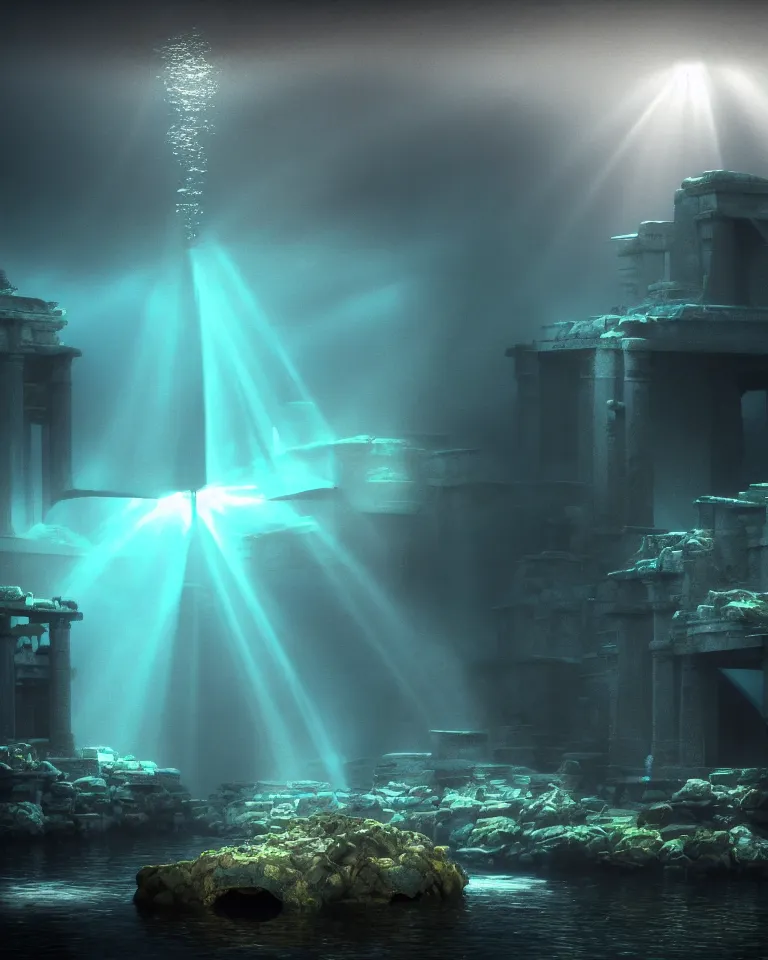 Prompt: full color, wide shot of submerged pre - incan temple, dark, underwater, symmetrical, crepuscular rays, bubbles, abyss, grenada underwater sculpture park, anime style mixed with fujifilm, very dark, murky, foggy, atmospheric, artstation, cgsociety, octane render, cgi, unreal engine 5, denoise, detailed, cinematic masterpiece