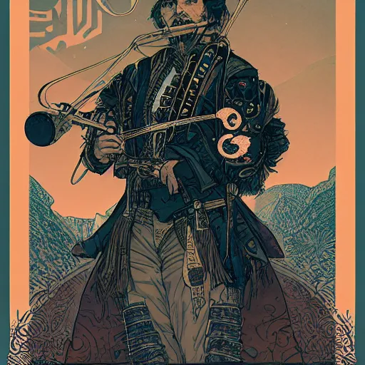 Image similar to portrait of a bard, standing, Borderlands and by Feng Zhu and Loish and Laurie Greasley, Victo Ngai, Andreas Rocha, John Harris