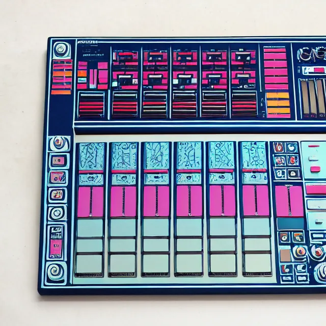 Prompt: psychodelic linocut of an Akai MPC 60. Drum pads, knobs, MPC, Maschine