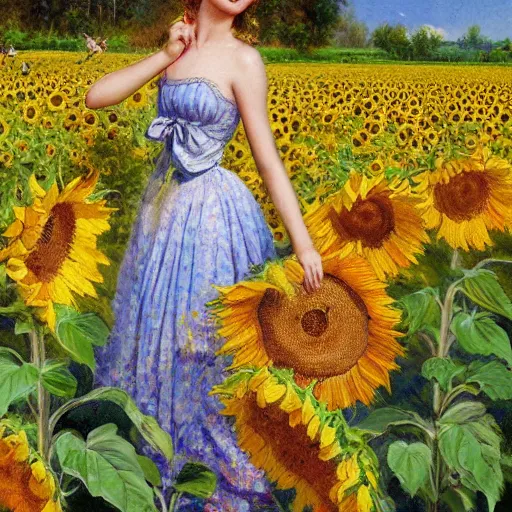 Prompt: a painting of a beautiful farm girl in a field of sunflowers, beautiful day, brushstrokes, by hans zatzka