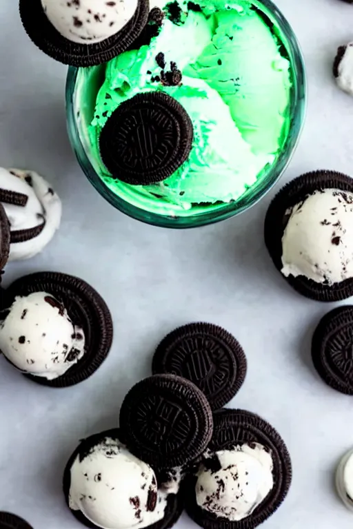 Image similar to refreshing white mint icecream with bits of oreo cookies inside, chocolate mint icecream