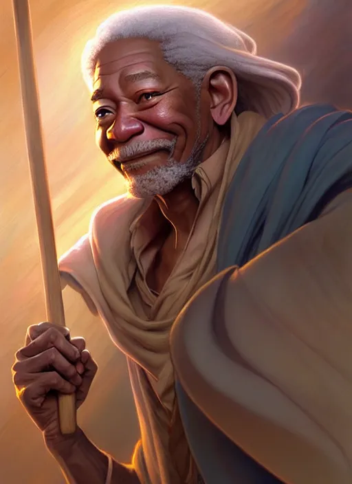 Image similar to elegant fantasy wizard based on morgan freeman holding a broom natural lighting, path traced, highly detailed, high quality, digital painting, by don bluth and ross tran and studio ghibli and alphonse mucha, artgerm