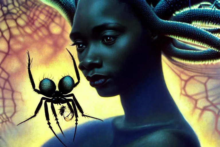 Prompt: realistic detailed photorealistic film portrait shot of a beautiful black woman with a giant spider, sci-fi city landscape background by Denis Villeneuve, Amano, Yves Tanguy, Alphonse Mucha, Ernst Haeckel, Max Ernst, Andrei Tarkovsky, Edward Robert Hughes, Roger Dean, necklace, dynamic pose, rich moody colours, wide angle, blue eyes