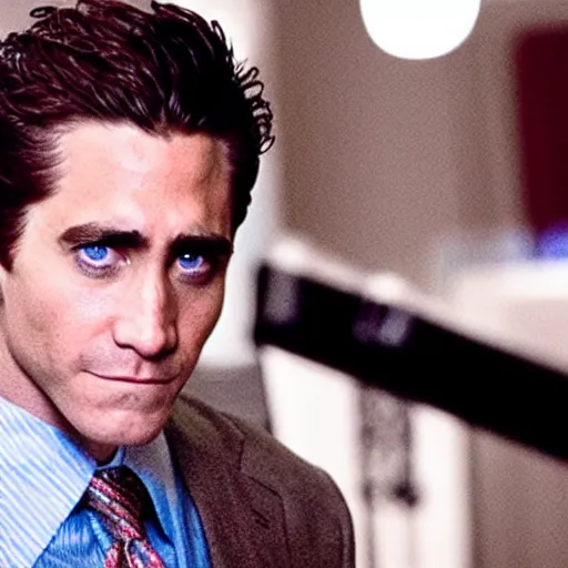 Prompt: film still of Jake Gyllenhaal as Patrick Bateman in American Psycho