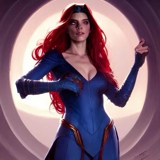 Image similar to Ashley Greene with blue hair as Scarlet Witch, western, D&D, fantasy, intricate, elegant, highly detailed, digital painting, artstation, concept art, matte, sharp focus, illustration, art by Artgerm and Greg Rutkowski and Alphonse Mucha