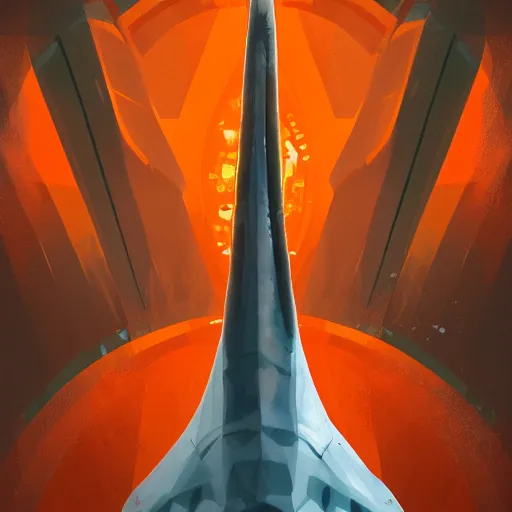 Image similar to great white shark with a conical orange traffic cone orange traffic cone orange traffic cone for a dorsal fin - ron cheng & alphonse mucha, highly detailed, digital painting, ray tracing, concept art, illustration, smooth sharp focus, intricate, symmetry, artstation,