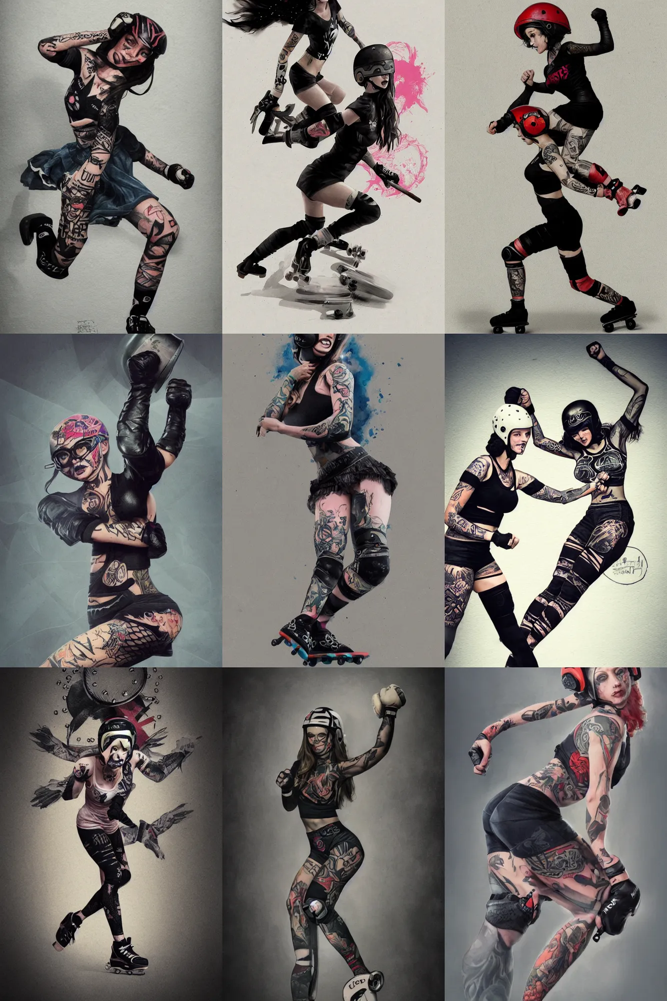 Prompt: tattooed girl , logo design, roller derby girl sprinting Cross-Over, wearing skate helmet, knee pads, elbow pads,full length portrait, fishnet tights, torn, ripped, fists in the air, illustration by greg rutkowski, bright blue back lighting