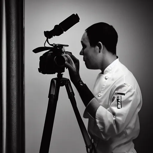 Image similar to “a camera on a tripod taking in front of a silhouette of a chef in a gourmet kitchen photorealistic 4K”