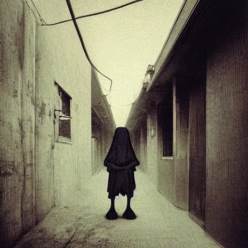 Prompt: digital photograph of yokai in an alley. photorealism, by beksinski, by diane arbus, highly detailed