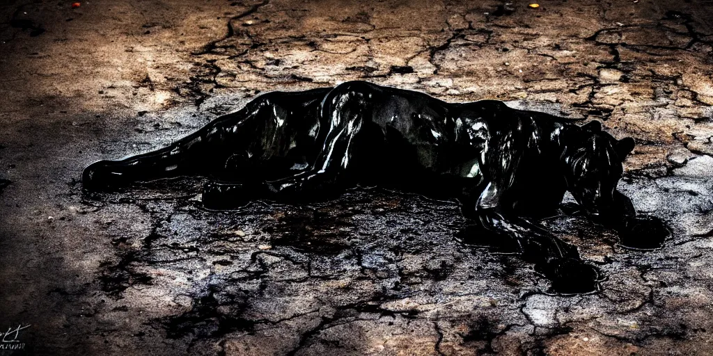 Prompt: the black lioness made of tar, dripping tar, dripping goo, sticky black goo, bathing in the pit filled with tar, dripping goo, sticky black goo. photography, dslr, reflections, black goo, rim lighting, cinematic light, tar pit saturated