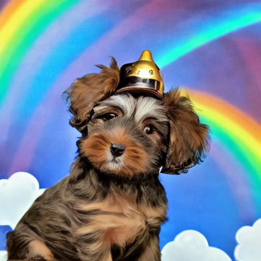 Prompt: highly detailed photograph of a light brown and black havanese puppy in a steampunk helmet riding a rocket ship over a rainbow