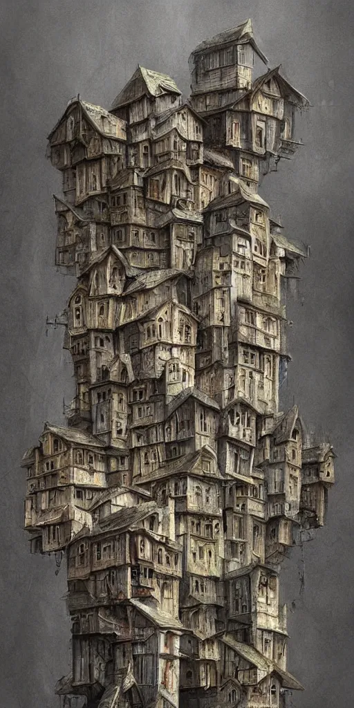 Prompt: an infinite amount of medieval houses stacked on each other, creating a very thin monolith, concept art, very very very very tall, trending on deviantart, movie still, award wining photograph