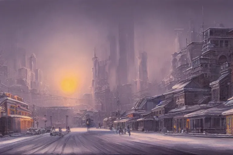 Image similar to a beautiful painting of a city in winter at dawn,jim burns trending on artstation, 4k