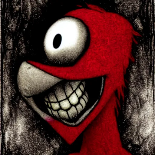 Image similar to grunge cartoon drawing of elmo by - michael karcz , in the style of corpse bride, loony toons style, horror themed, detailed, elegant, intricate