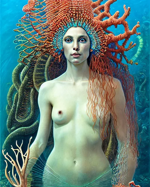 Image similar to realistic detailed underwater portrait of the goddess of the fish of the three times with an intricate headdress of corals, sea kelp, sea plants, fish, jellyfish, art by boris vallejo, ernst haeckel, zdzisław beksinski, gothic, neo - gothic, ornamental,