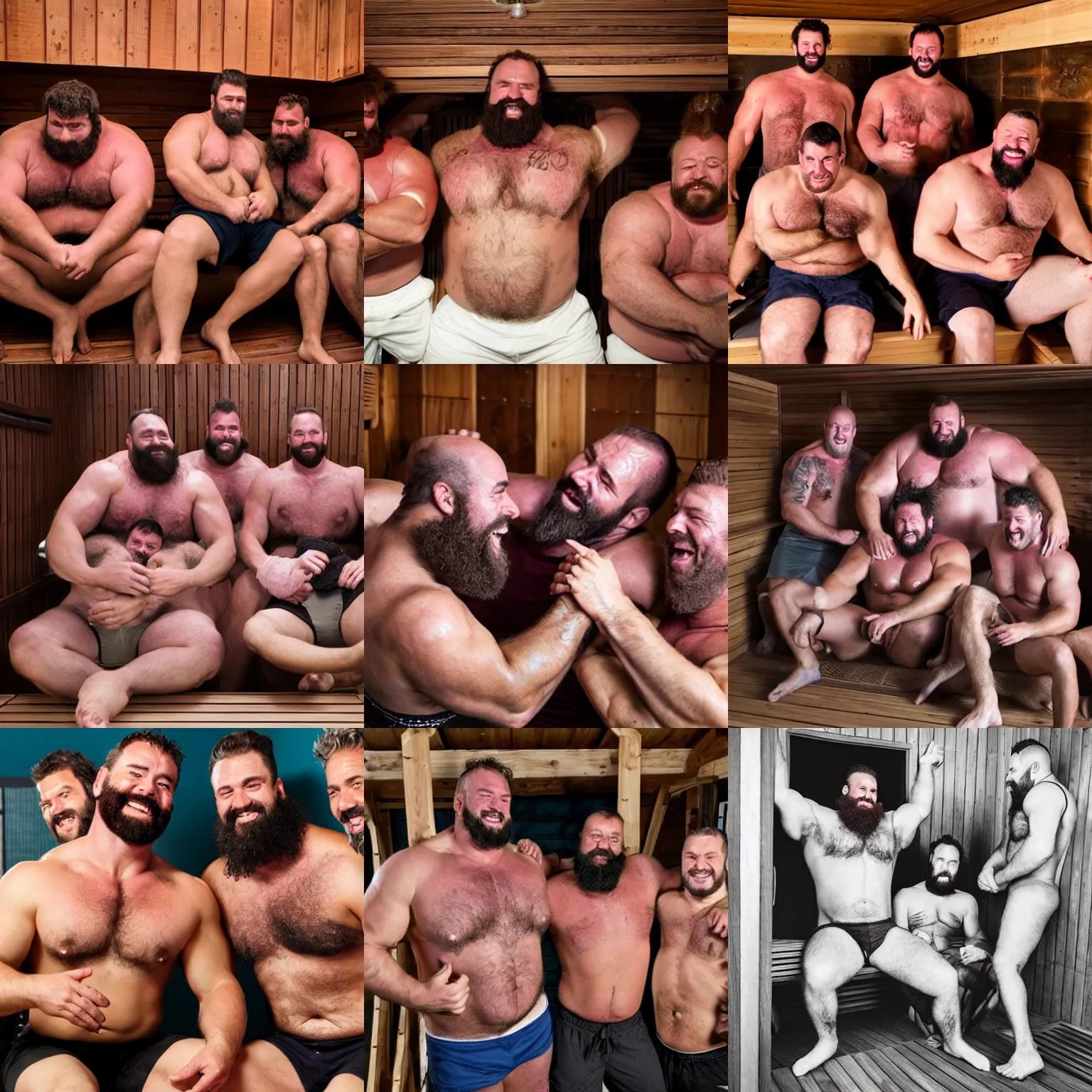 Prompt: group of many jolly hairy burly manly sweaty big strongmen cuddling in a sauna