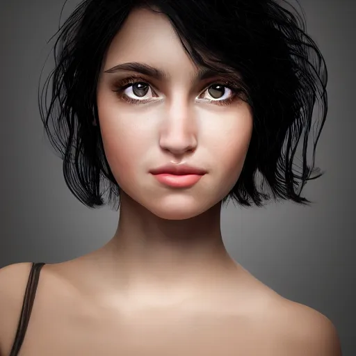 Image similar to portrait of a young lady with curly black hair with, round face, big brown eyes, picture, hyperrealistic, focused, hyper realistic, ultra detailed, volumetric lighting,