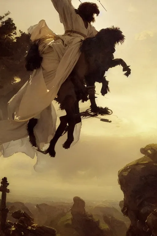 Image similar to beautiful oil painting portrait of ancient roman bernedoodle emperor hovering in the air wearing the civic crown levitating and ascending in stations of the cross pose, art by anders zorn, wonderful masterpiece by greg rutkowski, expressive brush strokes, beautiful cinematic light, american romanticism by greg manchess, jessica rossier