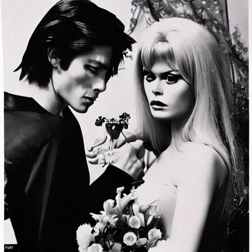 Prompt: 1 9 6 0 s symmetrical pretty elegant brigitte bardot as a vampire with alain delon, very detailed intricate style of takato yamamoto lots of flowers