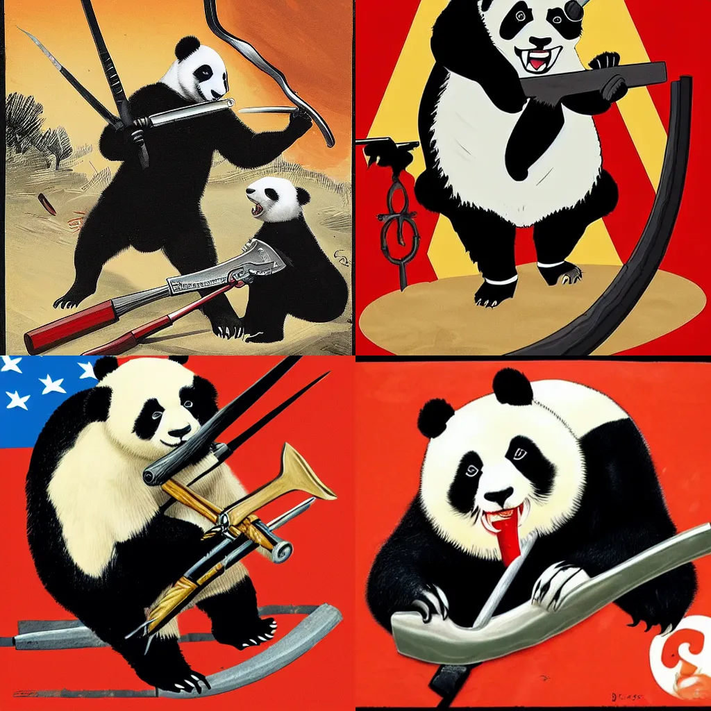 Prompt: a panda with a sickle and axe against a bald eagle with a pistol in its mouth, soviet propaganda style
