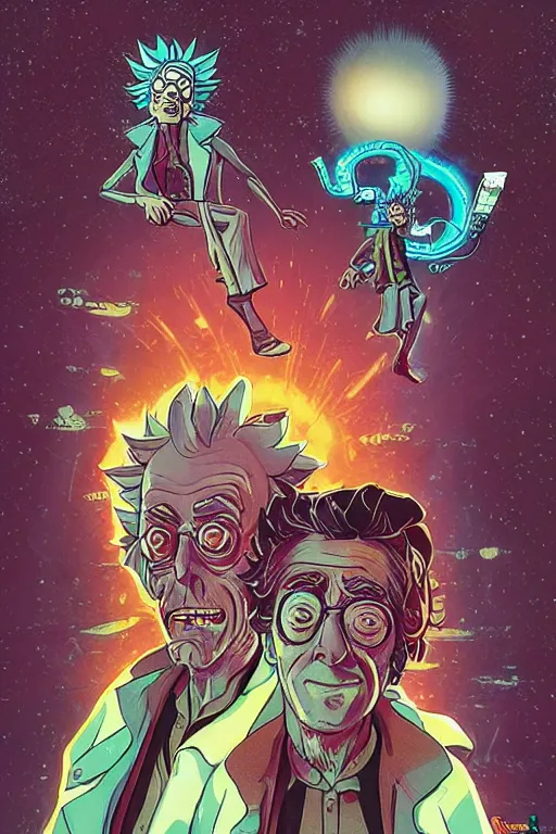 Image similar to Christopher Lloyd as Rick Sanchez, Rick and Morty save the multiverse, science fiction, retro cover, high details, intricate details, by vincent di fate, artgerm julie bell beeple, 60s, inking, vintage 60s print, screen print