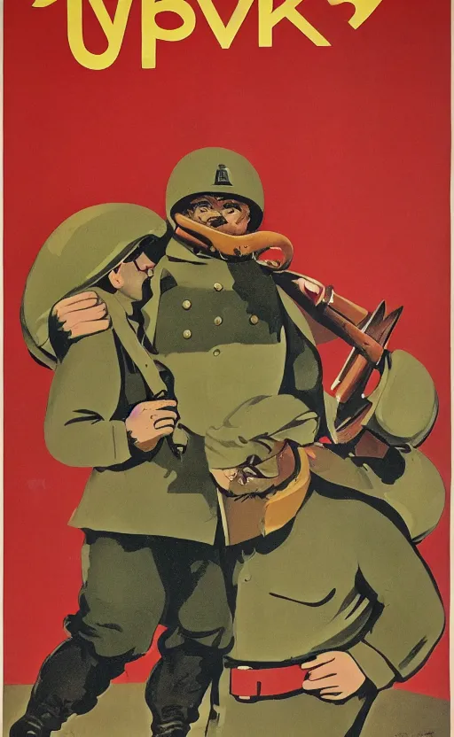 Image similar to a soviet war propaganda poster depicting a walrus soldier, a walrus dressed up as a soviet soldier, soviet propaganda art