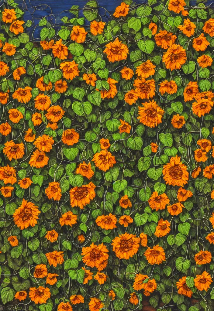 Image similar to award winning hyperrealistic artwork about entangled sunflowers and falling nasturtiums with vines on a wooden fence in the sky, high definition, fine details, closeup, macro