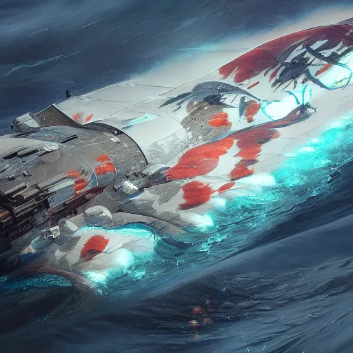 Image similar to subsurface scattering, white, giant submarine, koi colors, excluding koi, octane render, jesper ejsing, justin gerard, james jean, tomasz alen kopera, cgsociety, fenghua zhong, makoto shinkai, highly detailed, rim light, art, cinematic lighting, very coherent, hyper realism, 8 k