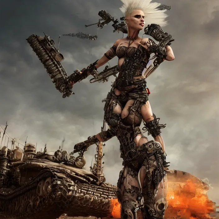 Prompt: beautiful apocalyptic woman with mohawk, standing on mad max panzer tank, hyper-detailed, smooth, sharp focus, 4k ultra hd, fantasy dark art, tank girl, artgerm, artstation, octane render, elegant, detailed digital painting, apocalyptic art, Francis bacon, gears of war, unreal engine