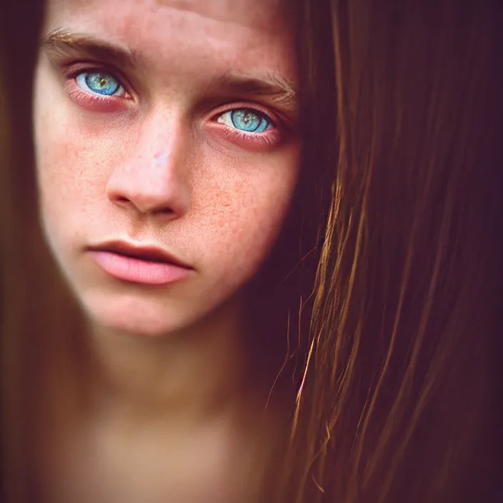 Image similar to Kodak Portra 400, 8K, highly detailed, britt marling style 3/4 dramatic photographic Close-up face of a extremely beautiful girl with clear eyes and brown hair , high light on the left, illuminated by a dramatic light, Low key lighting, light dark, High constrast, dramatic , Steve Mccurry, Lee Jeffries , Norman Rockwell, Craig Mulins ,dark background, high quality, photo-realistic.