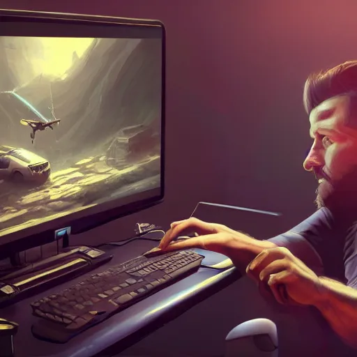 Image similar to realistic man using laptop in gaming room, artstation trends, sci fi concept art, highly detailed, intricate, sharp focus, digital art, 8 k