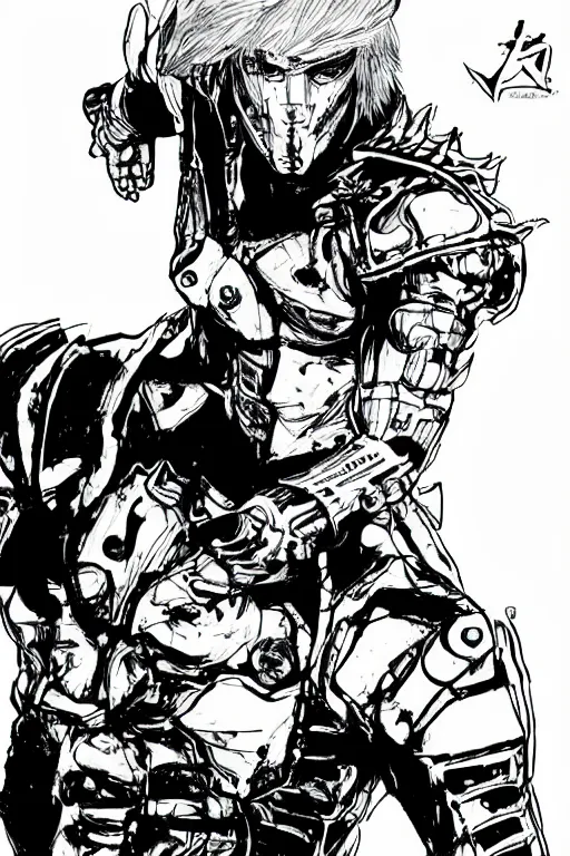 Image similar to raiden from metal gear rising, a page from cyberpunk 2 0 2 0, style of paolo parente, style of mike jackson, adam smasher, johnny silverhand, 1 9 9 0 s comic book style, white background, ink drawing, black and white, colouring pages