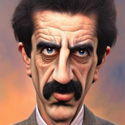Image similar to Caricature portraits done of Frank Zappa, realistic, hyperrealistic, very realistic, highly detailed, very detailed, extremely detailed, detailed, oil painting, digital art, trending on artstation