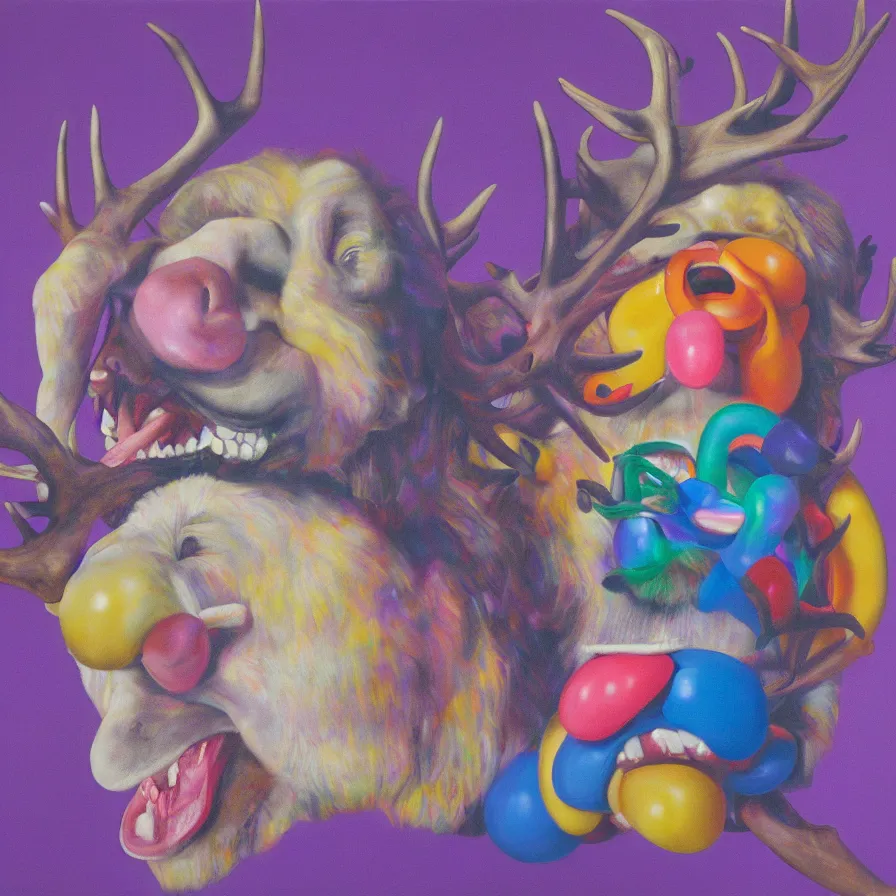 Image similar to rare hyper realistic portrait painting by chuck close, studio lighting, brightly lit purple room, a blue rubber duck with antlers laughing at a giant laughing white bear with a clown mask