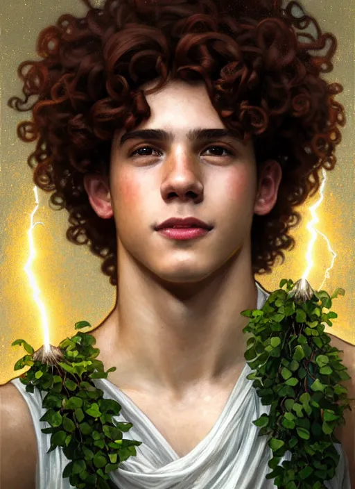 Image similar to portrait of teenage zeus, greek, short curly copper hair, smiling mischievously, wearing a white sash, olive tree, intricate, elegant, lightning bolt, glowing lights, highly detailed, digital painting, artstation, concept art, smooth, sharp focus, illustration, art by wlop, mucha, artgerm, and greg rutkowski